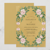 マスタードピンクの花びらの結婚式 招待状 (正面/裏面)