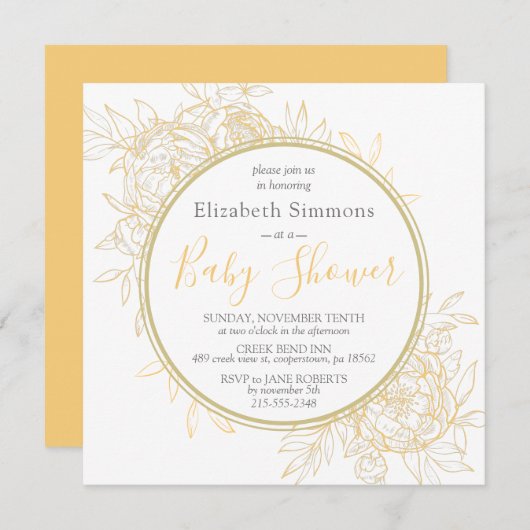 マスタードピーニーモダンフローラトイレベビースシャワー 招待状 (正面/裏面)