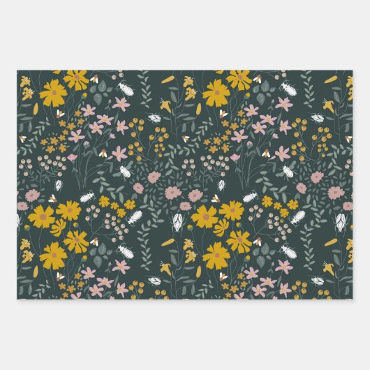 マスタードフローラカブトムシ&ビーズボヘミアンワイルドフラワー ラッピングペーパーシート (正面3)