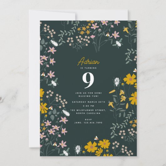 マスタードフローラボヘミアンワイルドフラワーズ誕生日 招待状 (正面)
