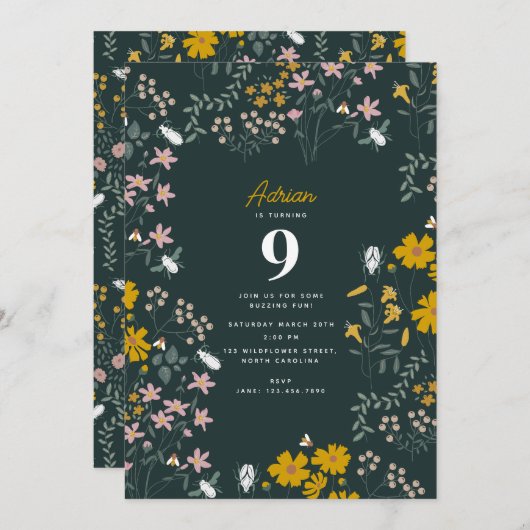 マスタードフローラボヘミアンワイルドフラワーズ誕生日 招待状 (正面/裏面)