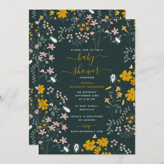 マスタードフローラボヘミアンワイルドフラワーベビーシャワー 招待状 (正面/裏面)