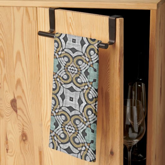 マスタードブラウンティール(緑がかった色)グリーングレーブラックトライダーアート キッチンタオル (三つ折り)