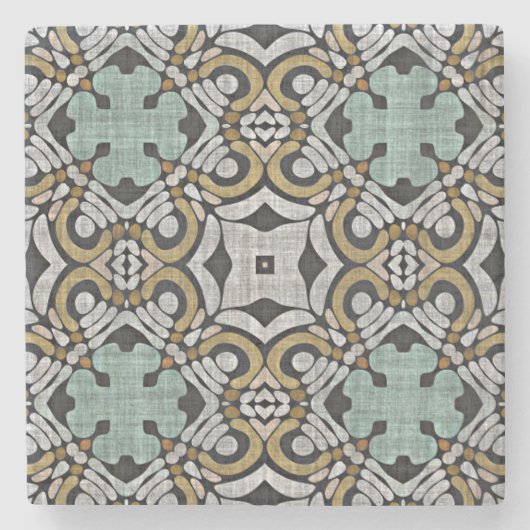 マスタードブラウンティール（緑がかった色）グリーングレーブラックトライダーアート ストーンコースター (正面)