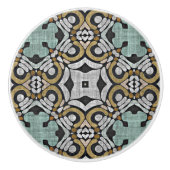 マスタードブラウンティール（緑がかった色）グリーングレーブラックトライダーアート セラミックノブ (正面)