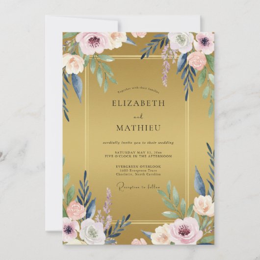 マスタードマーブルの葉の結婚式 招待状 (正面)