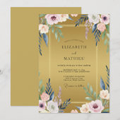 マスタードマーブルの葉の結婚式 招待状 (正面/裏面)