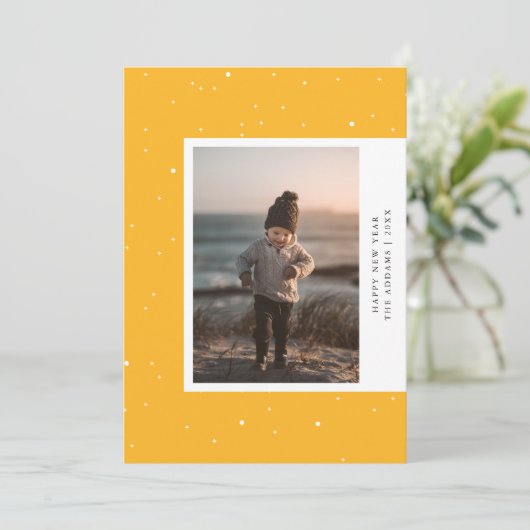 マスタードモダンアサイド写真新年のホリデーカード シーズンカード (スタンド正面)