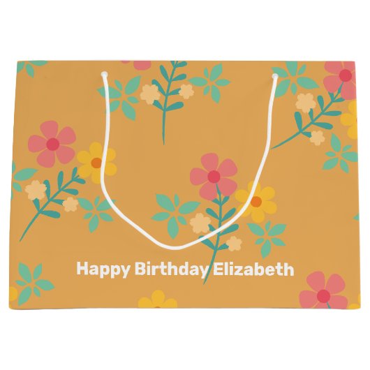 マスタードレトロデイジーブーケパターカスタマイズン ラージペーパーバッグ (正面)