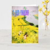 マスタードロシアのの花と女の子とハッピーバースデー カード (黄色い花)