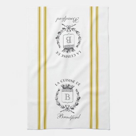 マスタードヴィンテージフランスのスタイルサックと名前をカスタムする キッチンタオル (縦)