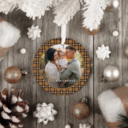 マスタード伝統的タータンチェックパーソナライズされたクリスマス セラミックオーナメント