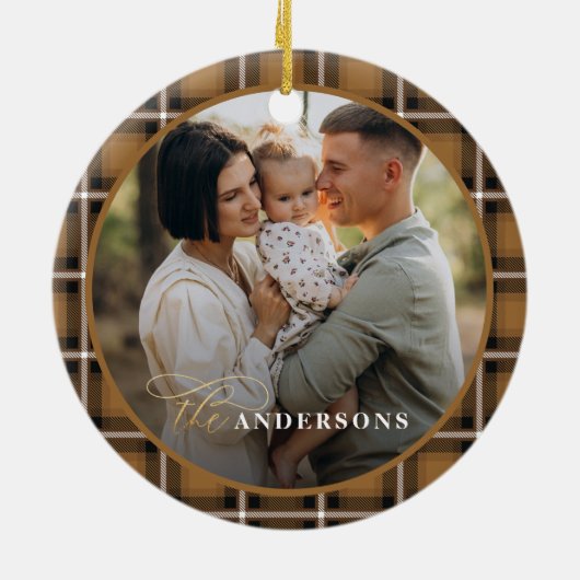 マスタード伝統的タータンチェックパーソナライズされたクリスマス セラミックオーナメント (裏面)