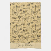 マスタード素朴イエローと黒昆虫 キッチンタオル (縦)