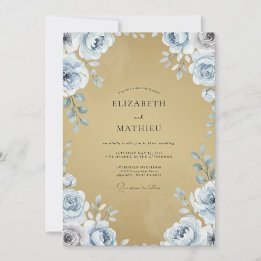 マスタード色とペリウィンクルの芍薬の結婚式 招待状 (正面)