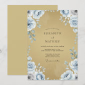 マスタード色とペリウィンクルの芍薬の結婚式 招待状 (正面/裏面)