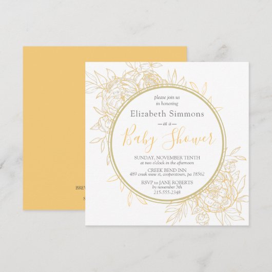 マスタード ピオニー モダン フラワール トワール ベビーシャワー 招待状 (正面/裏面)