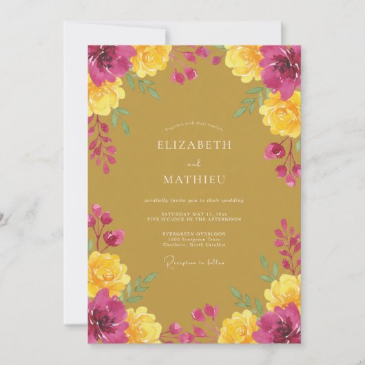 マスタード+マゼンタペイントフラワーの結婚式 招待状 (正面)