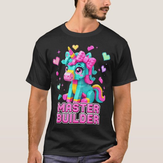 マスタービルダー キッズ 女の子 建築 ブロック ユニコーン Tシャツ (正面)