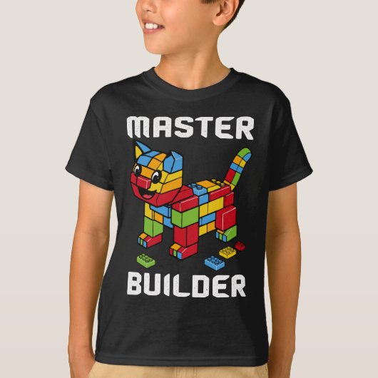 マスタービルダ建物ブロックブリック猫好き Tシャツ (正面)