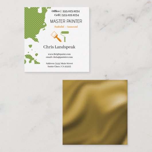 マスターペインター&金ゴールドグリーンチェッカーボードパターン スクエア名刺 (正面/裏面)