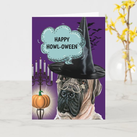 マスティフかわいい犬の魔女ハッピーハウウィン カード (黄色い花)