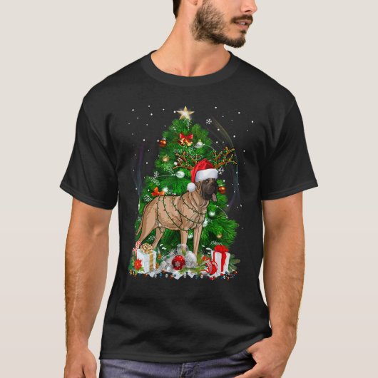 マスティフクリスマスツリーライトパジャマドッグクリスマス Tシャツ (正面)