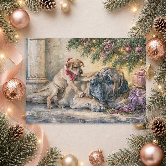 マスティフ犬の子犬 クリスマスツリー シーズンカード