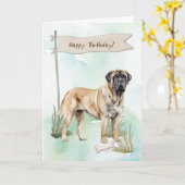 マスティフ犬は誕生日標識の下でアウトドアを育てる カード (黄色い花)