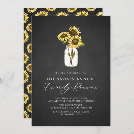 マスンジャー付きひまわりチョークボード家族の集まり 招待状 (正面/裏面)