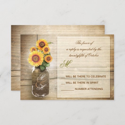 マスンジャー付きひまわり ヴィンテージ結婚式の出欠確認カード 出欠カード (正面/裏面)