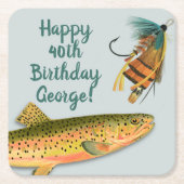 マス釣り大人誕生日 パーソナライズされた スクエアペーパーコースター (正面)