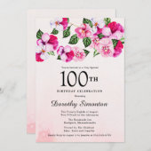 マゼンかわいらしタピンクホワイトフローラ100誕生日 招待状 (正面/裏面)