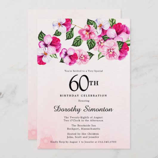 マゼンかわいらしタピンクホワイトフローラ60誕生日 招待状 (正面/裏面)