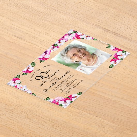 マゼンかわいらしタピンクホワイト写真90誕生日 アクリル招待状 (レイダウン)