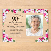 マゼンかわいらしタピンクホワイト写真90誕生日 アクリル招待状 (正面)