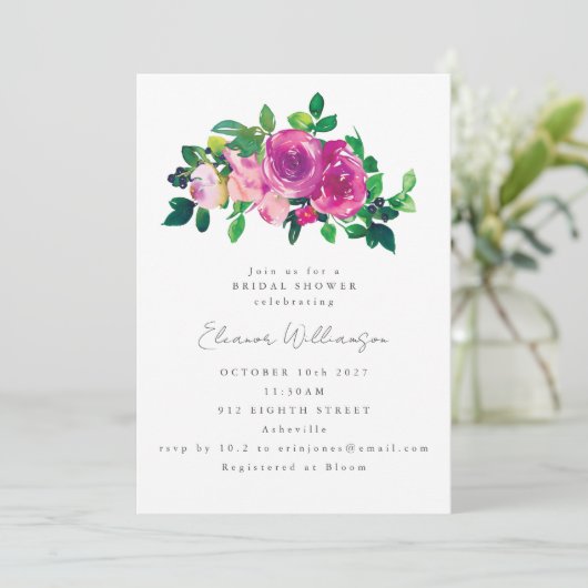 マゼンかわいらしタ色の花ブライダルシャワー 招待状 (スタンド正面)