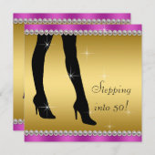 マゼンエレガントタと金ゴールド誕生日パーティー 招待状 (正面/裏面)