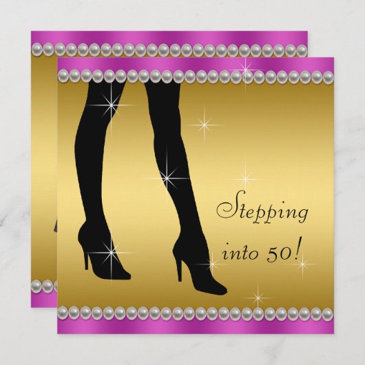 マゼンエレガントタと金ゴールド誕生日パーティー 招待状 (正面/裏面)