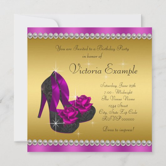 マゼンエレガントタと金ゴールド誕生日パーティー 招待状 (裏面)