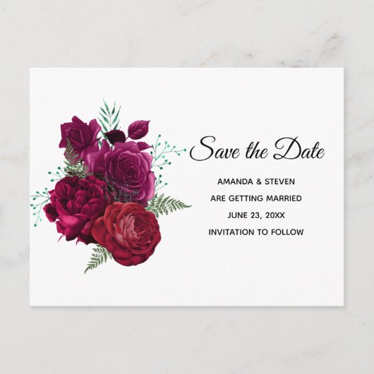 マゼンエレガントタバラフローラブーケ日付の保存 インビテーションポストカード (正面)
