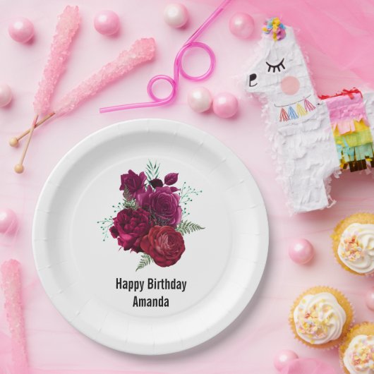 マゼンエレガントタバラフローラブーケ誕生日 ペーパープレート (パーティー)