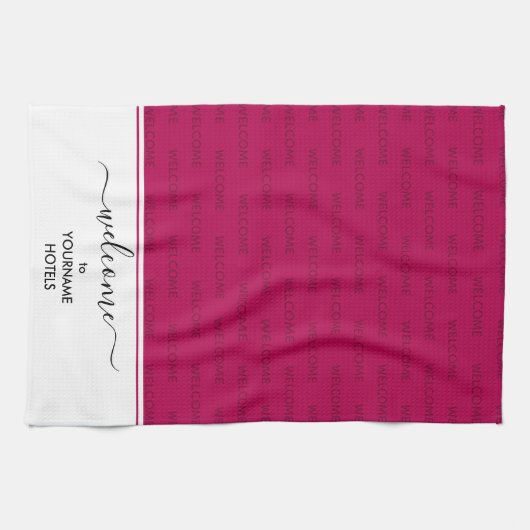 マゼンエレガントタピンクのパーソナライズされた歓迎 キッチンタオル (横)