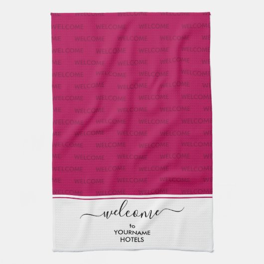 マゼンエレガントタピンクのパーソナライズされた歓迎 キッチンタオル (縦)
