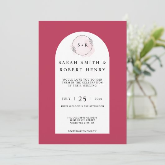 マゼンエレガントタピンクアーチモノグラムフォト結婚ズ 招待状 (スタンド正面)