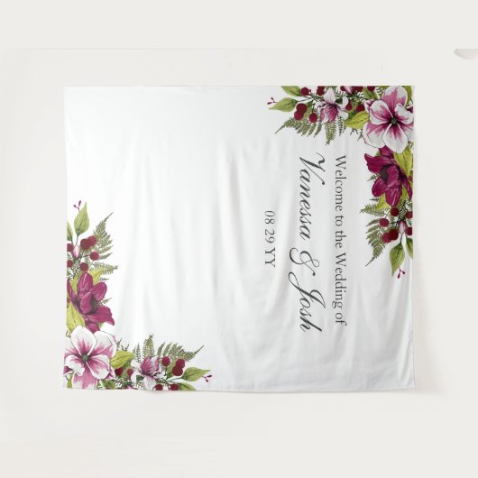 マゼンエレガントタホワイト花模様グリーンボタニック タペストリー (正面(横))