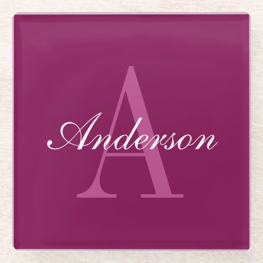 マゼンエレガントタレッド、ピンク&ホワイトの名前とモノグラム ガラスコースター (正面)