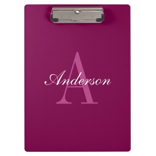 マゼンエレガントタレッド、ピンク&ホワイトの名前とモノグラム クリップボード (正面)