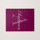マゼンエレガントタレッド、ピンク&ホワイトの名前とモノグラム ジグソーパズル (横)