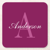 マゼンエレガントタレッド、ピンク&ホワイトの名前とモノグラム スクエアペーパーコースター (正面)